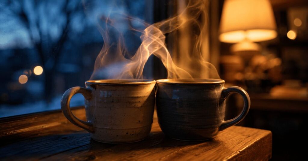 Two mugs on a windowsill, steam curling into one braided thread | featured image for One and the Same on Sayspire.