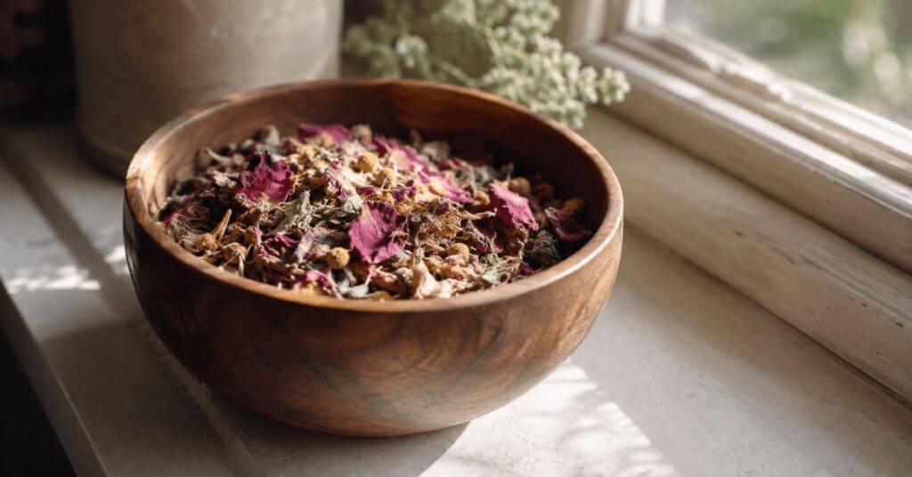 A small wooden bowl of dried flower petals catching soft window light | featured image for Potpourri of Love on Sayspire.