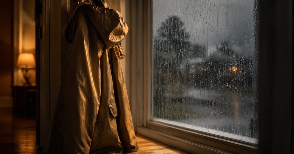 A raincoat hangs in warm entryway light as rain streaks the window, a love through hard times poem by Joshua Cintron.