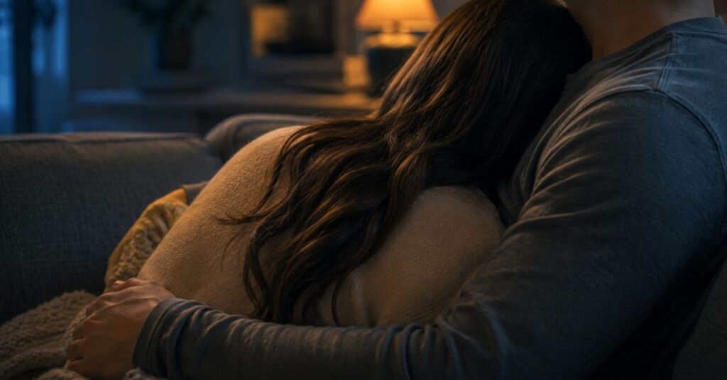 Woman resting her head on her partner's chest on a couch, lit by warm lamp light, by Joshua Cintron