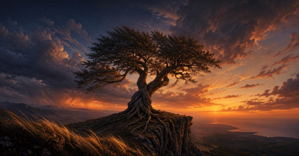 A wind bent tree with a braided trunk rooted on a cliff at dusk — a poem for when others are jealous of your relationship, by Joshua Cintron.