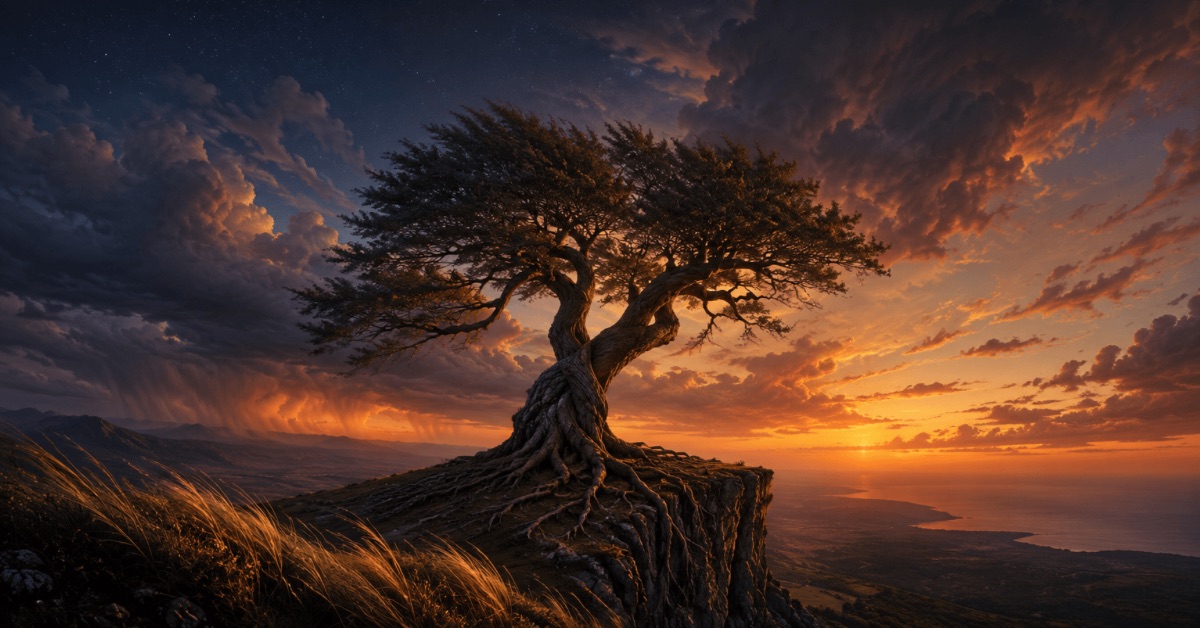 A wind bent tree with a braided trunk rooted on a cliff at dusk — a poem for when others are jealous of your relationship, by Joshua Cintron.