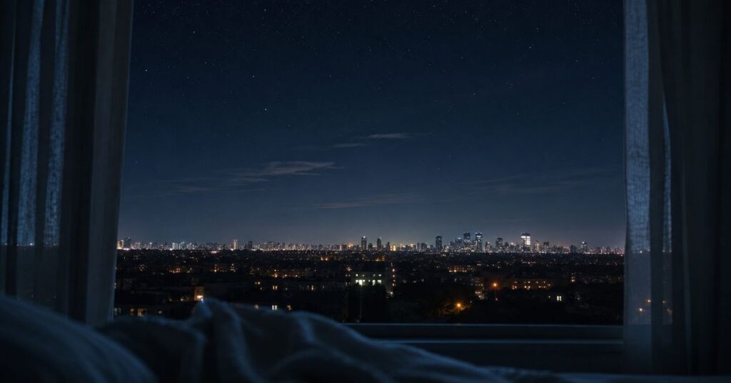 City skyline and stars through parted curtains, bedding below | featured image for You Are There, I Am Here on Sayspire.