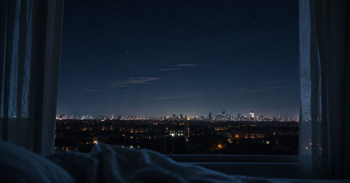 City skyline and stars through parted curtains, bedding below | featured image for You Are There, I Am Here on Sayspire.