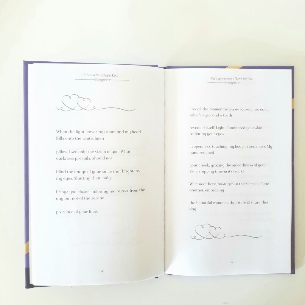 Open interior pages of the Upon a Moonlight Kiss poetry book