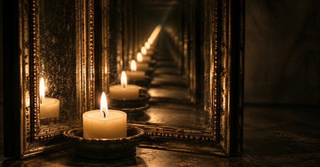 Candle reflected repeatedly between two mirrors | featured image for A Lasting Moment on Sayspire.