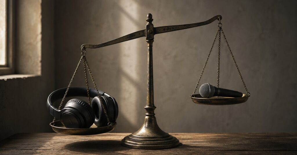 Headphones outweighing a microphone on a balance scale | featured image for Before We Speak on Sayspire.