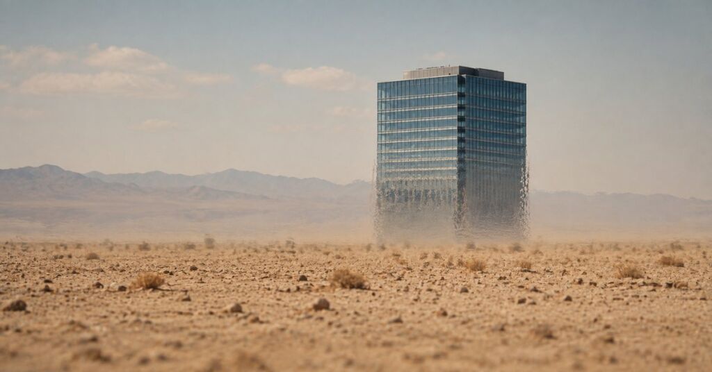 Office building distorted by desert heat haze | featured image for Mirage of Security on Sayspire.