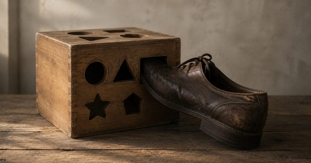 Adult shoe wedged into a child’s wooden shape sorter | featured image for Outgrown Definitions on Sayspire.