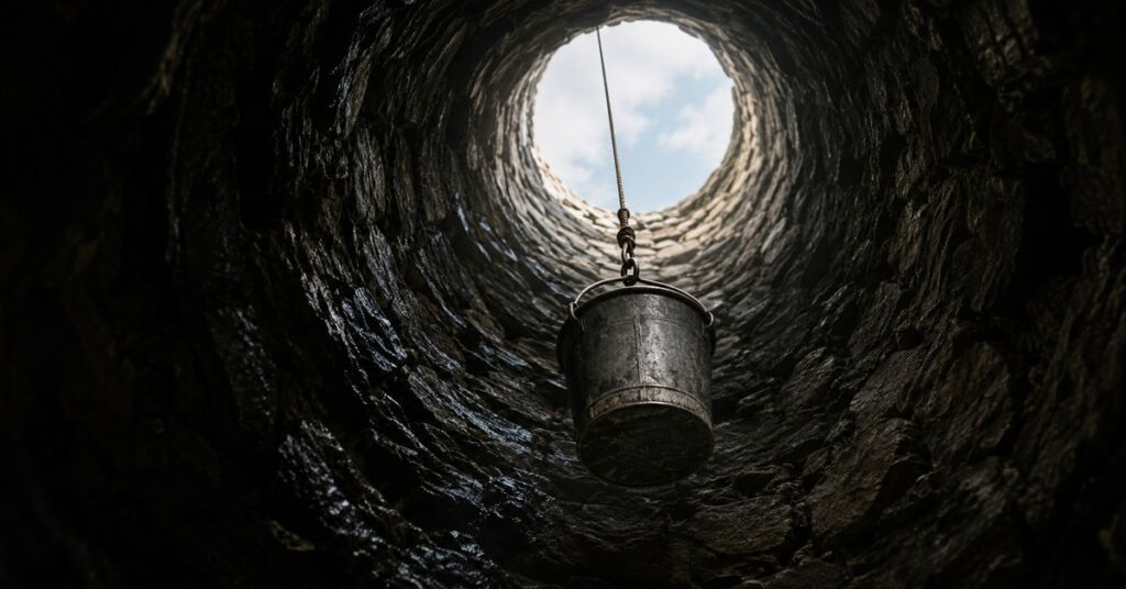 Weathered bucket rising through a dark stone well toward daylight | featured image for What Lifts Us on Sayspire.