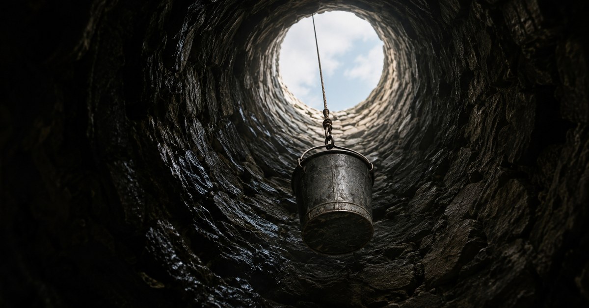 Weathered bucket rising through a dark stone well toward daylight | featured image for What Lifts Us on Sayspire.